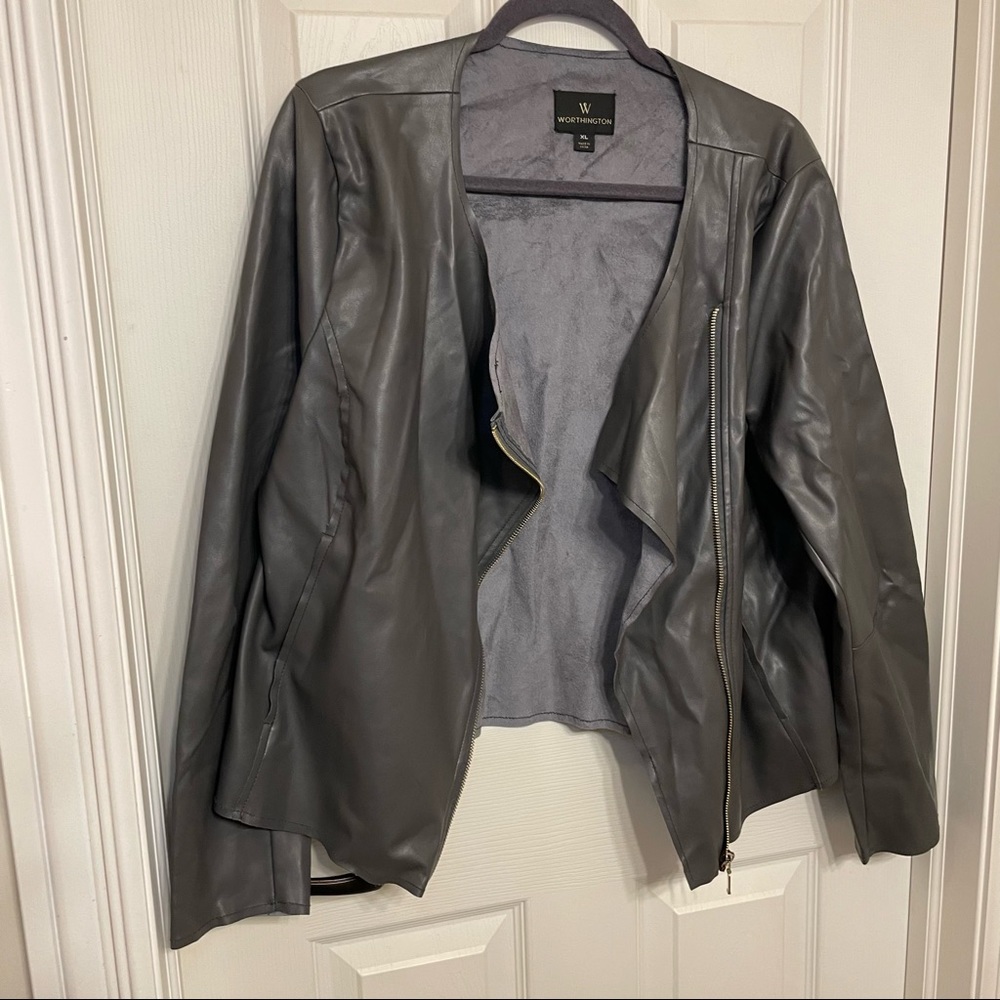 Worthington Gray Faux Leather Open Front Jacket
